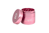 Mini EZ Grinder - 55mm, pink cylindrical design, open to show triangular metal teeth, showcasing its compact, durable build and smart storage features.