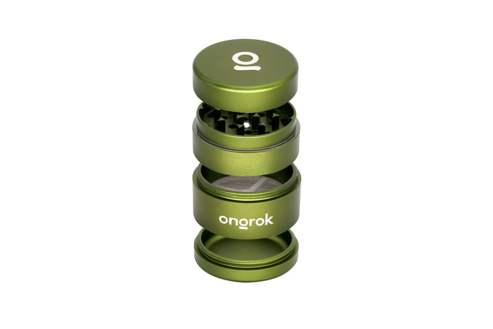 Mini EZ Grinder - 55mm, features anodized-aluminum build, four-piece design with magnetic lid, diamond-shaped teeth, mesh screen, and catch-cup for efficient herb grinding and storage.