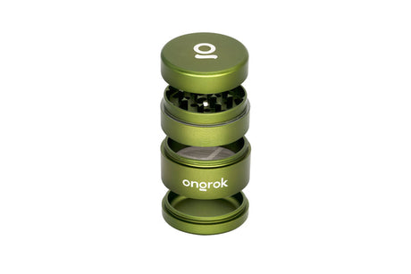 Mini EZ Grinder - 55mm, features anodized-aluminum build, four-piece design with magnetic lid, diamond-shaped teeth, mesh screen, and catch-cup for efficient herb grinding and storage.