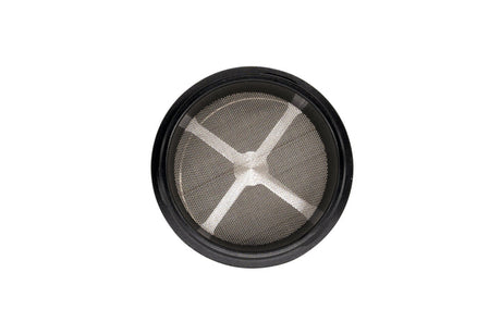 Close-up of Mini EZ Grinder - 55mm, featuring a fine metal screen held in a black plastic frame, designed for precision medium-to-fine grinding with smart storage.