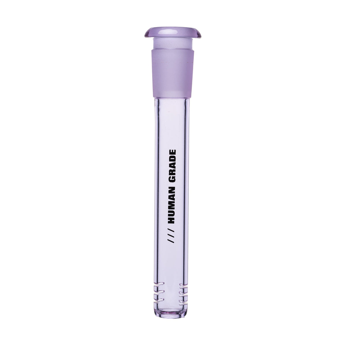 Purple-tinted glass downstem branded HUMAN GRADE, featuring a ground-glass joint and slits for airflow. Designed for 14mm female joints, 5 in length.