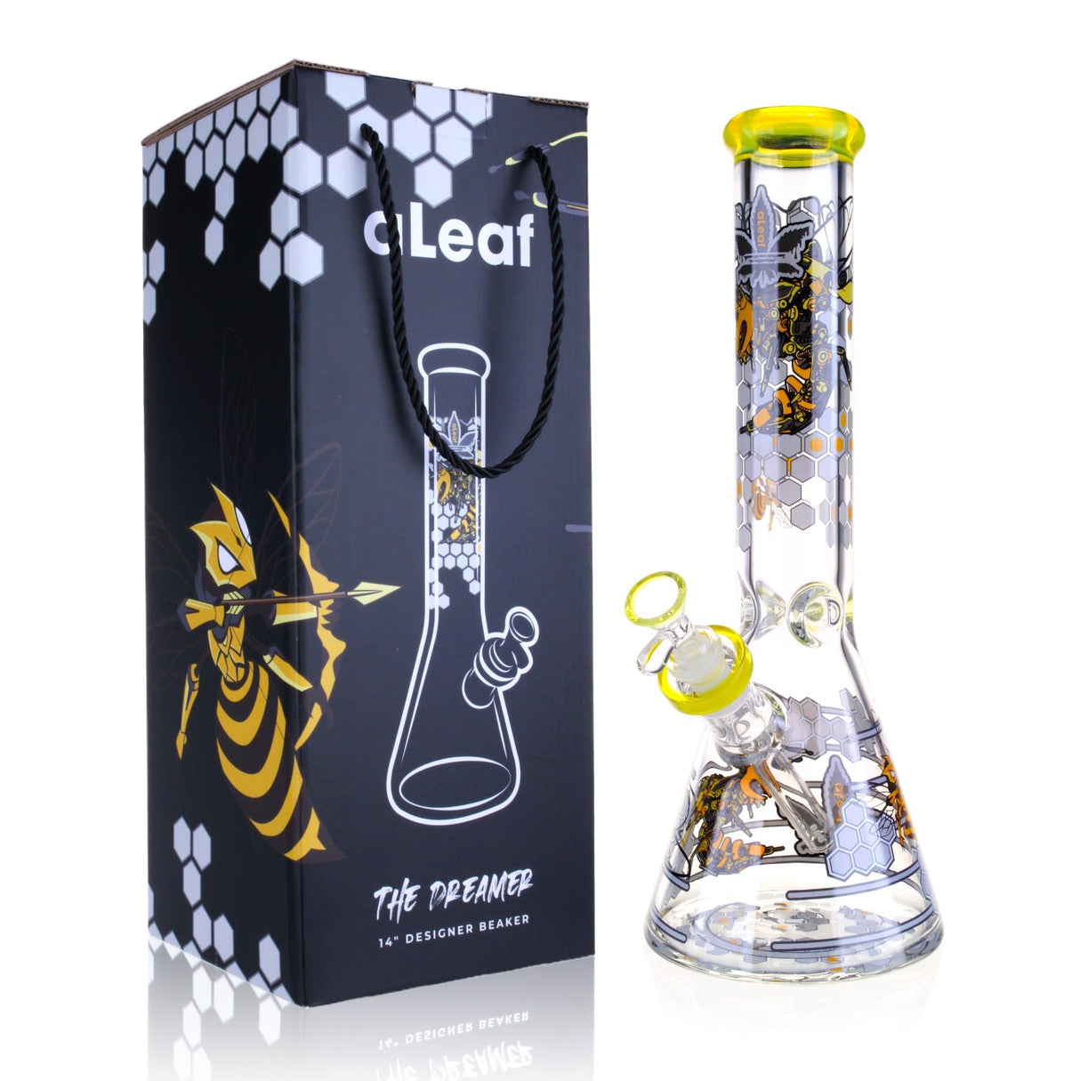14 The Dreamer Beaker Bong with yellow-accented glass, honeycomb motif, and matching decorative box, featuring thick glass and a stable, wide base design.