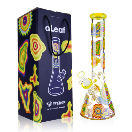 14 The Dreamer Beaker Bong with psychedelic patterns, flared base, straight neck, alongside oLeaf packaging with model name and line drawing. Includes bowl and downstem.