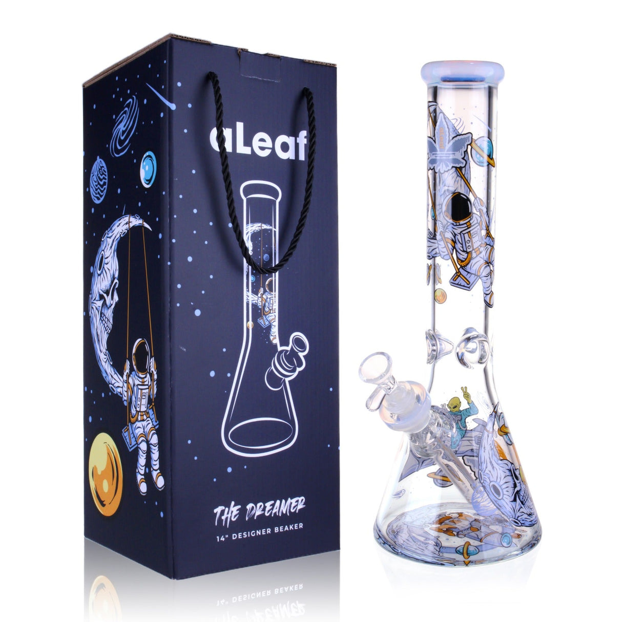 14 The Dreamer Beaker Bong with clear glass, space-themed artwork, wide base, and included bowl and downstem. Packaged in a decorative space-themed box.