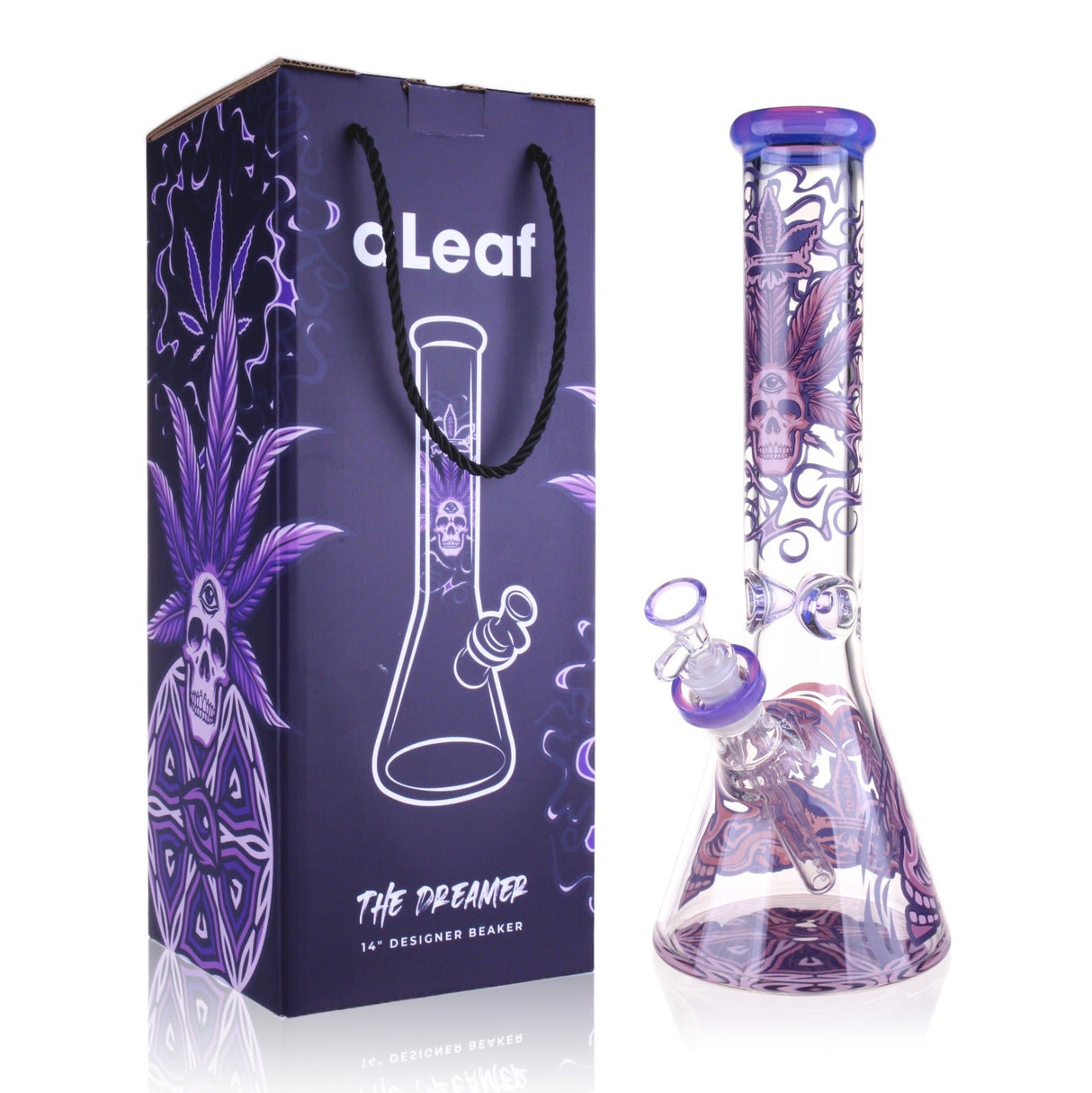14 The Dreamer Beaker Bong with purple accents, featuring psychedelic skull-and-leaf artwork; includes matching box, bowl, and downstem.