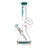 12 Lounger Bong featuring a clear glass with green accents, beaker-style base, built-in downstem, curved neck with kink, and aLeaf branding.