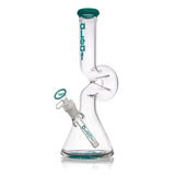 12 Lounger Bong featuring a clear glass with green accents, beaker-style base, built-in downstem, curved neck with kink, and aLeaf branding.