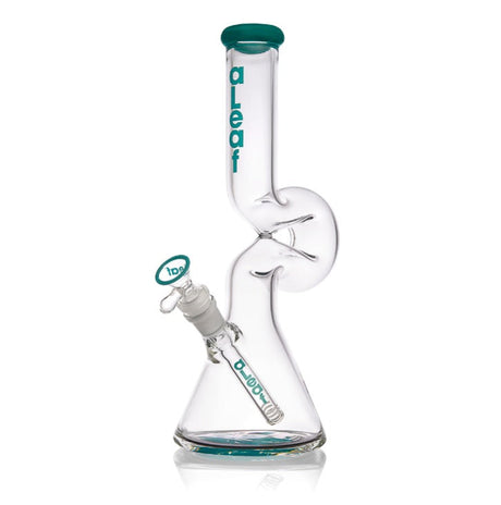12 Lounger Bong featuring a clear glass with green accents, beaker-style base, built-in downstem, curved neck with kink, and aLeaf branding.
