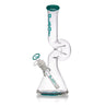 12 Lounger Bong featuring a clear glass with green accents, beaker-style base, built-in downstem, curved neck with kink, and aLeaf branding.