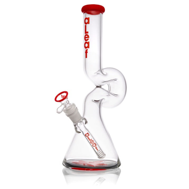 12 Lounger Bong with a clear glass beaker base, S-shaped neck, red accents, and a sculptural balloon-inspired design featuring a functional grip-friendly form.