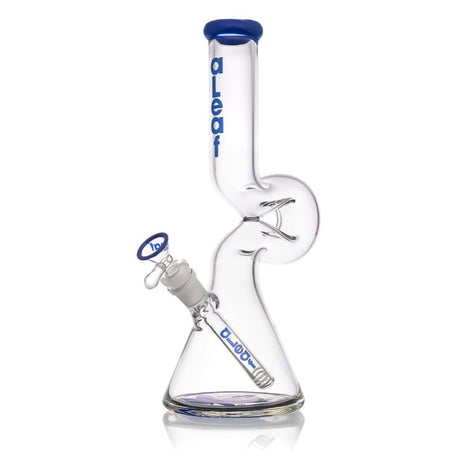 12 Lounger Bong with a beaker base, angled down-stem, bent neck, and ice pinch. Balloon-inspired design with sculptural twists, branded aLeaf.