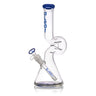 12 Lounger Bong with a beaker base, angled down-stem, bent neck, and ice pinch. Balloon-inspired design with sculptural twists, branded aLeaf.