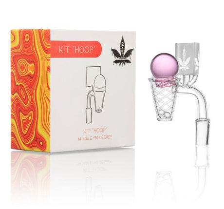 Dabsketball Banger - 14mm - 90degree: Quartz banger with basketball net-style chamber, matching marble-style carb cap, 14mm male joint, 90° angle, packaged in collector-style box.