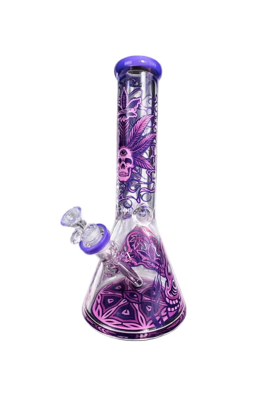 14 The Dreamer Beaker Bong with psychedelic skull and leaf artwork, featuring a stable beaker base, straight neck, and includes a bowl and downstem.