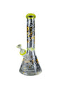 14 The Dreamer Beaker Bong with a honeycomb and bee pattern, clear glass, removable downstem, bowl, and wide base for stability, showcasing dream-inspired artwork.