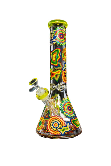 14 The Dreamer Beaker Bong with psychedelic starburst patterns, features a stable base, premium glass, and includes a removable downstem and bowl.