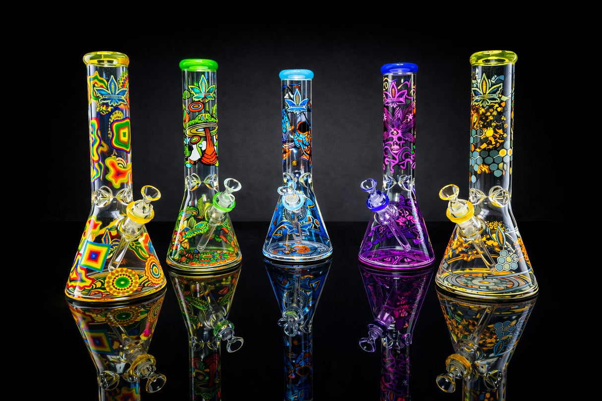 14 The Dreamer Beaker Bong with psychedelic designs, thick glass, and a stable base, displayed on a reflective surface. Includes bowl and downstem.