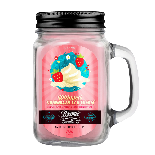 Scented Candle - Strawdazzlez N Cream in a glass jar with pink liquid, featuring odor-eliminating enzymes, 90-hour burn time, soy blend wax, lead-free wick.