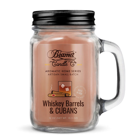 Scented Candle - Whiskey Barrels & Cubans, 90-hour burn, soy blend wax, lead-free wick, odor-killing enzymes, in a mason jar for effective smoke elimination.