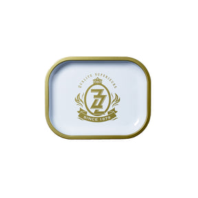 Metal Rolling Tray - Classic Medallion Since 1879 features a sleek design with high edges, rounded corners, and a gold emblem for seamless herb rolling.
