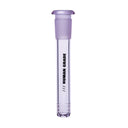Purple-tinted borosilicate glass downstem with frosted joint and textured tip, labeled “HUMAN GRADE,” fits standard 14mm water pipe configurations.