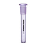 Purple-tinted borosilicate glass downstem with frosted joint and textured tip, labeled “HUMAN GRADE,” fits standard 14mm water pipe configurations.