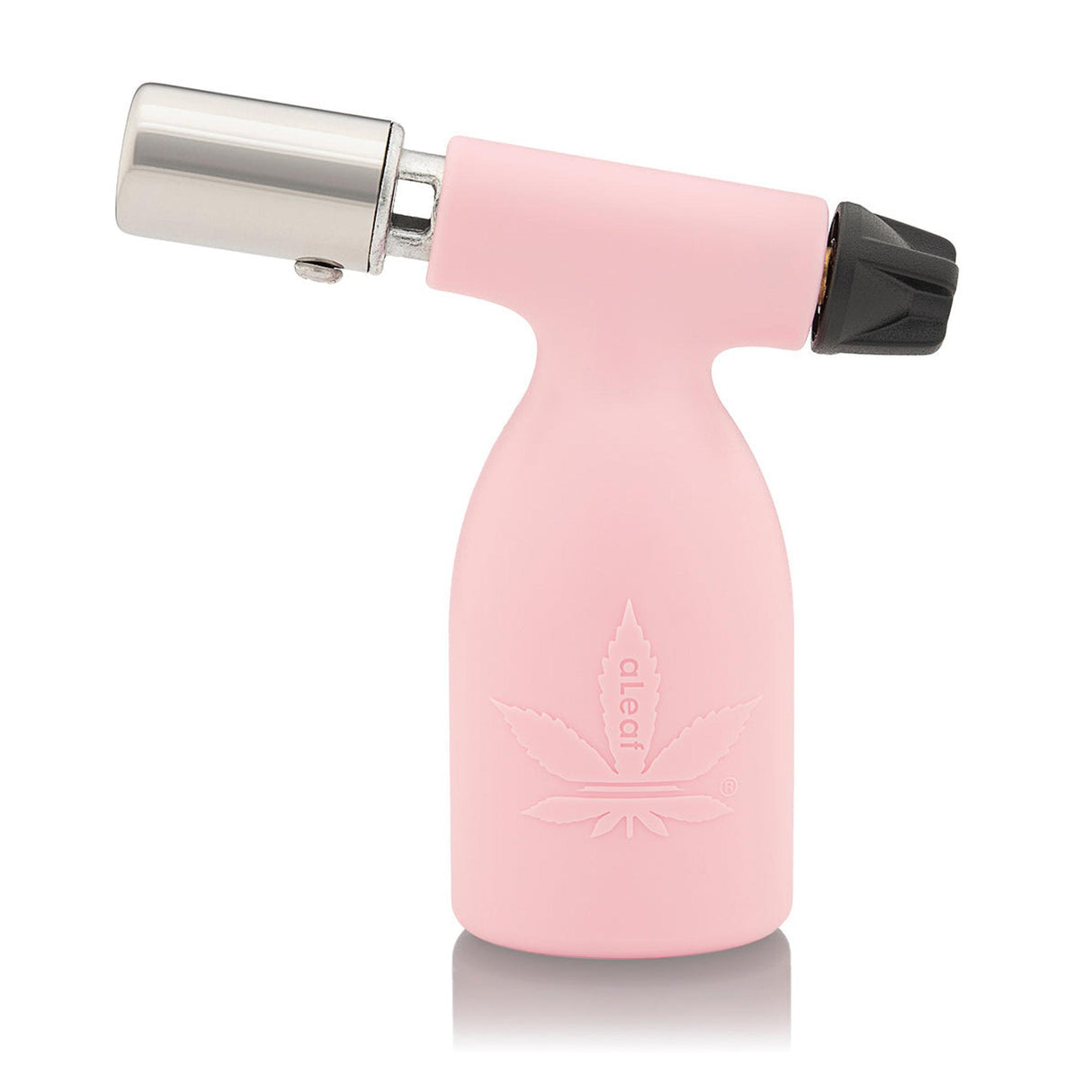 3.5 Blow Torch Turbo Flame in pink sleeve with embossed leaf logo, featuring adjustable flame nozzle and compact design for versatile uses like culinary or herb lighting.