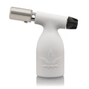 3.5 Blow Torch Turbo Flame with a white silicone body, embossed cannabis leaf logo, and adjustable black knob for butane ignition, ideal for portable dabbing.
