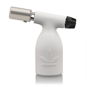 3.5 Blow Torch Turbo Flame with a white silicone body, embossed cannabis leaf logo, and adjustable black knob for butane ignition, ideal for portable dabbing.