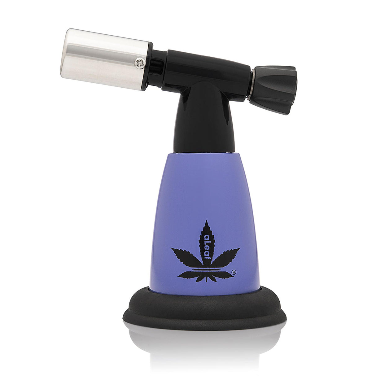 5 Blow Torch Turbo Flame with a metal burner head, purple body featuring a cannabis-leaf logo, and rubberized base, ideal for pipes and culinary use.