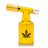 5 Brass Blow Torch Blue Turbo Flame, shiny gold finish, cannabis leaf logo, ideal for herb use, jewelry work, or culinary tasks; compact, sleek, refillable design.
