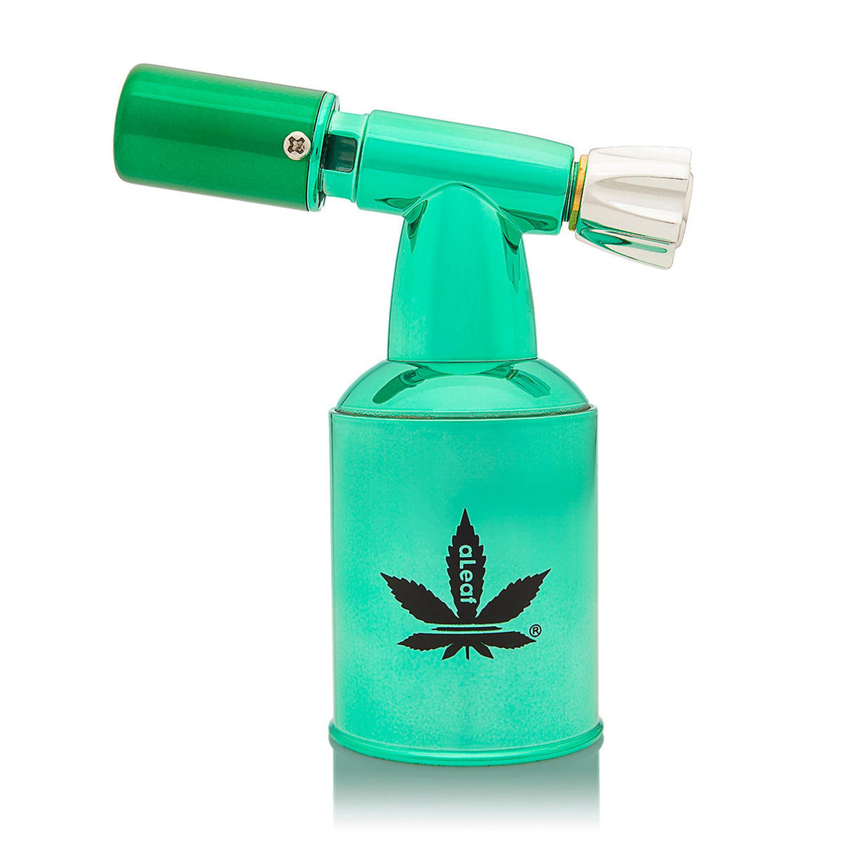5 Brass Blow Torch Blue Turbo Flame - Mint, featuring a sleek design with a prominent marijuana leaf logo and a robust, high-grade 2500°F turbo flame.