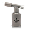 5 Brass Blow Torch Blue Turbo Flame, featuring a gun-metal gray body, cannabis-leaf logo, and adjustable flame nozzle on top of its fuel canister.