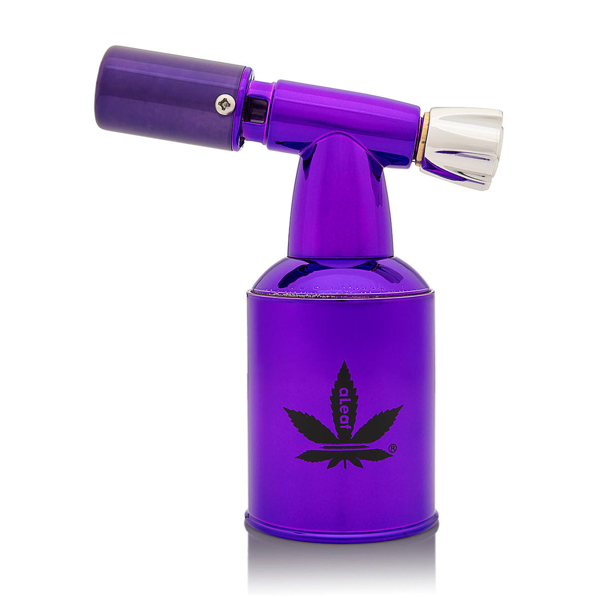 5 Brass Blow Torch Blue Turbo Flame by aLeaf, featuring a purple finish, flame-adjustment knob, and cannabis-leaf logo, with an attached fuel canister.