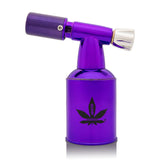 5 Brass Blow Torch Blue Turbo Flame by aLeaf, featuring a purple finish, flame-adjustment knob, and cannabis-leaf logo, with an attached fuel canister.