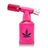 5 Brass Blow Torch Blue Turbo Flame in metallic pink, featuring a cannabis leaf graphic, adjustable gas-flow knob, and pistol-style burner head for versatile use.