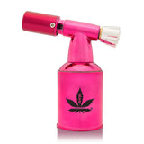 5 Brass Blow Torch Blue Turbo Flame in metallic pink, featuring a cannabis leaf graphic, adjustable gas-flow knob, and pistol-style burner head for versatile use.
