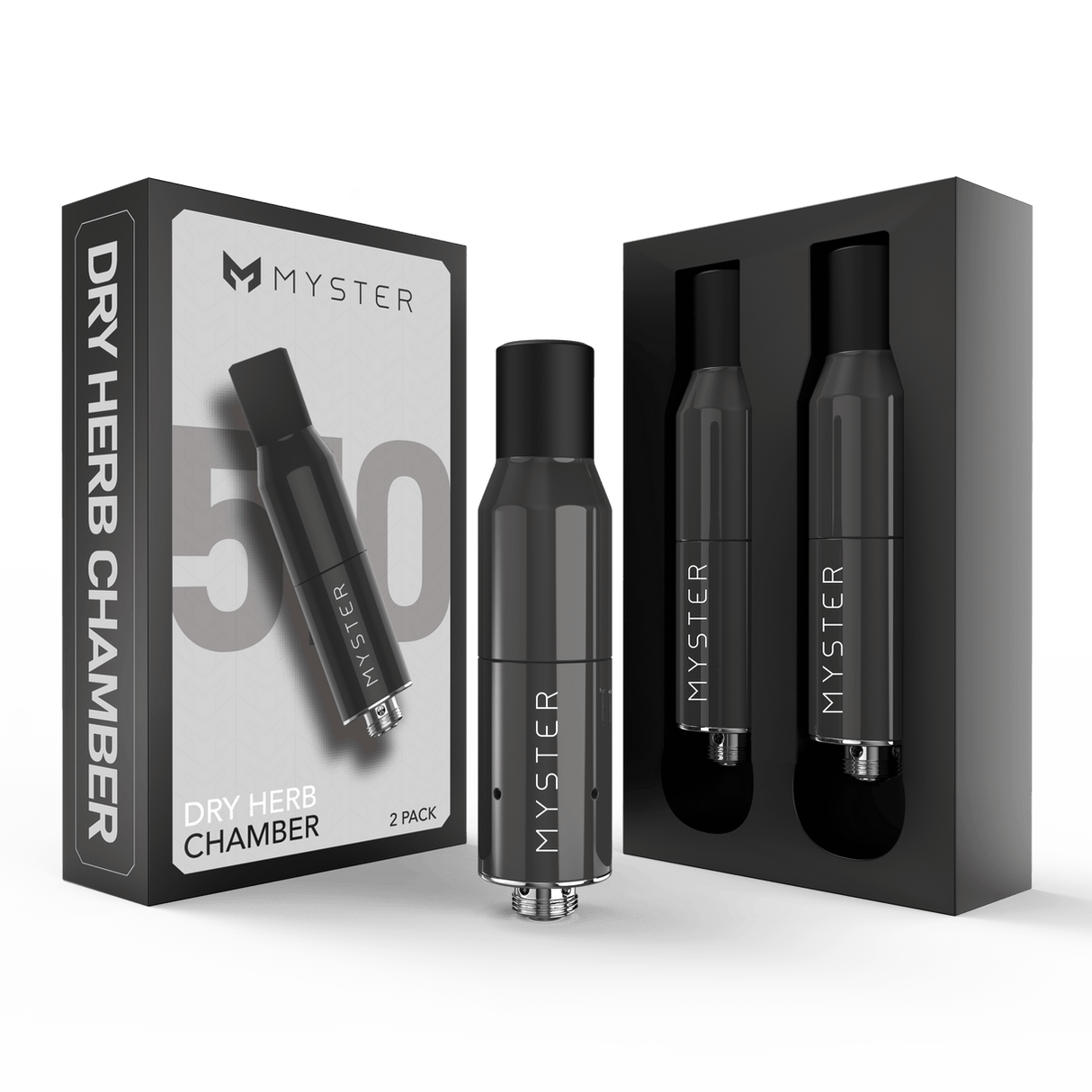 510 Dry Herb Atomizer - 2 pack; black metal/ceramic chambers for vaporizers, with box and foam insert in the background for easy attachment to 510 batteries.