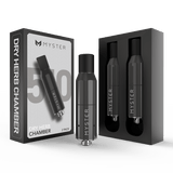 510 Dry Herb Atomizer - 2 pack; black metal/ceramic chambers for vaporizers, with box and foam insert in the background for easy attachment to 510 batteries.