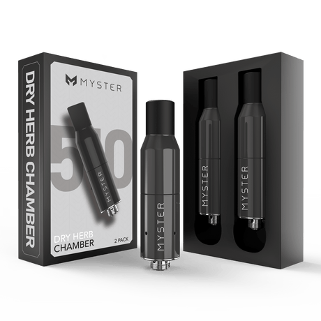 510 Dry Herb Atomizer - 2 pack; black metal/ceramic chambers for vaporizers, with box and foam insert in the background for easy attachment to 510 batteries.