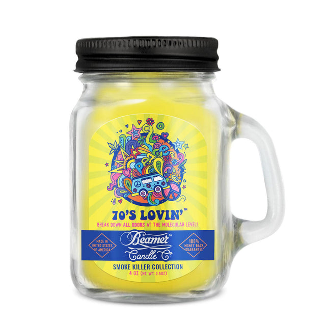 Scented Candle - 70's Lovin': Yellow candle in a glass jar, featuring odor-eliminating enzymes, premium soy blend wax, and a lead-free wick for a cleaner burn.