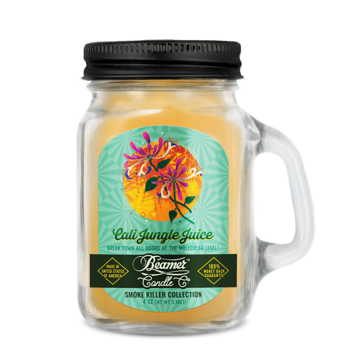 Scented Candle - Cali Jungle Juice in a glass jar with black lid, featuring odor-neutralizing enzymes and a 22-hour burn time.