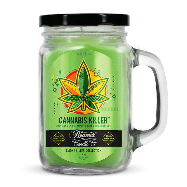 Scented Candle - Canna Killer in a glass jar with a lid, offering 90-hour burn time and odor-neutralizing enzymes. Made in the USA with premium soy blend wax.