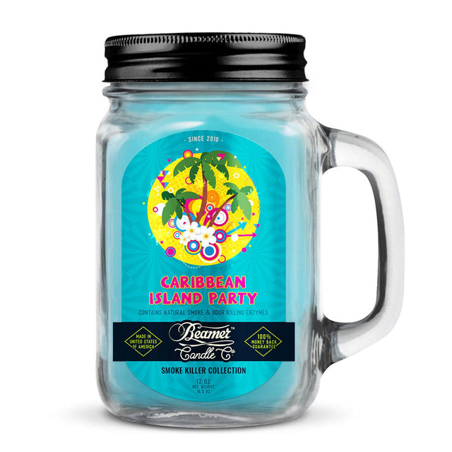 Scented Candle - Caribbean Island Party in a glass jar with a blue label, featuring a silver lid, designed to eliminate smoke and odors.