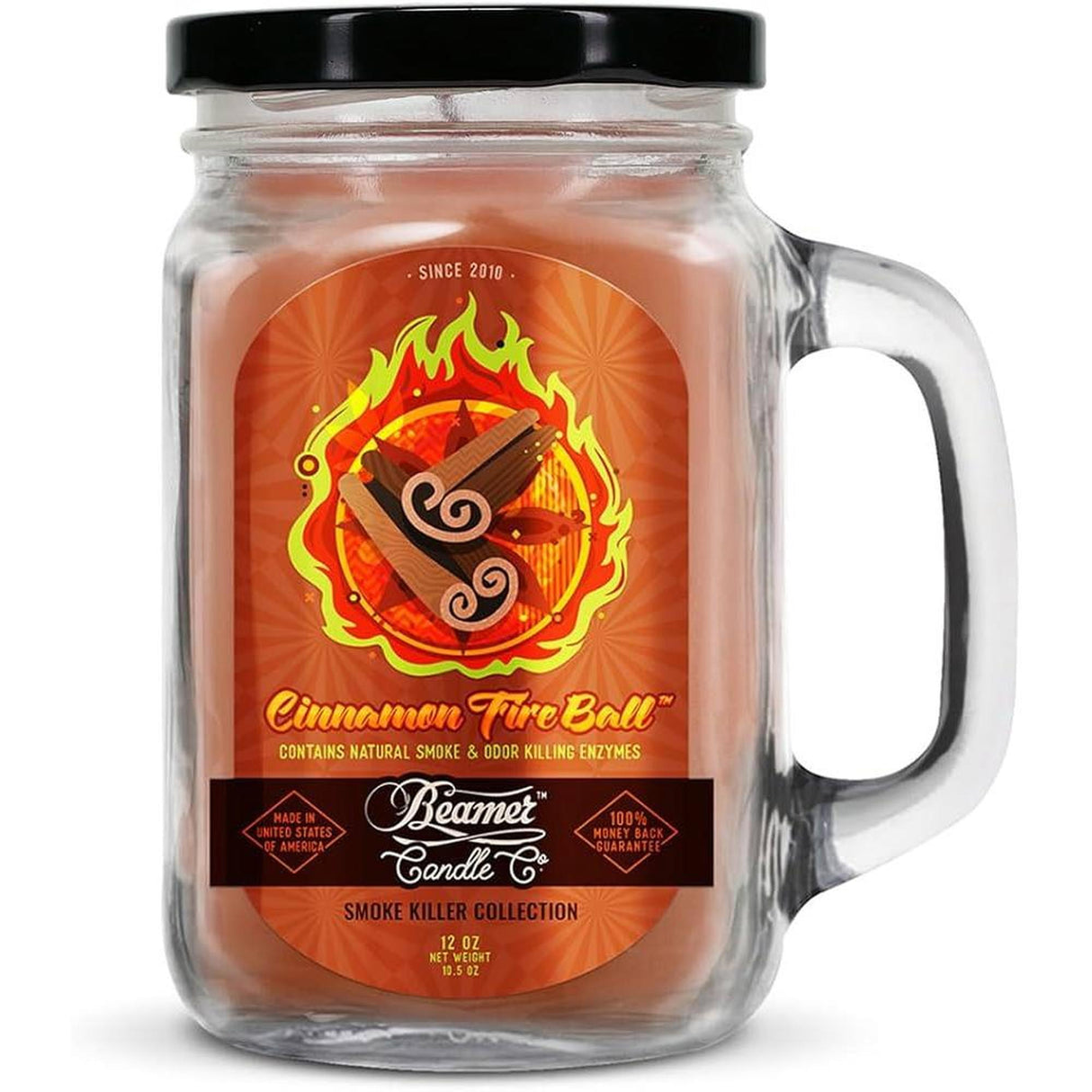 Scented Candle - Cinnamon Fireball in a glass jar, featuring a lid. Designed for odor elimination with natural enzymes; offers up to 90-hour burn time.
