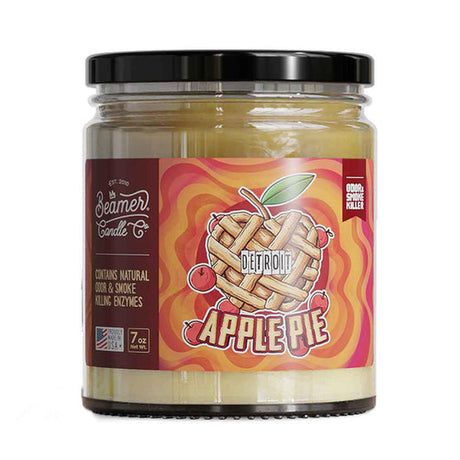 Scented Candle - Detroit Apple Pie in a mason jar, featuring odor-neutralizing enzymes, soy blend wax, and a lead-free wick for a cleaner, 55-hour burn.