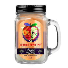 Scented Candle - Detroit Apple Pie in a glass jar with lid and apple design, featuring odor-eliminating enzymes and a 90-hour burn time.