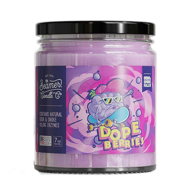Scented Candle - Dopeberries in a jar, featuring odor-neutralizing enzymes, 55-hour burn time, made with premium soy blend wax and lead-free wick.