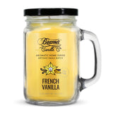 Scented Candle - French Vanilla (90 Hour Burn Time) in a glass jar with a silver lid, featuring odor-eliminating enzymes for a fresh atmosphere.