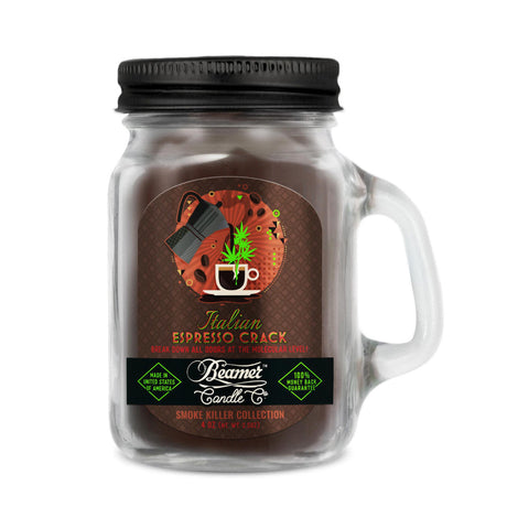 Scented Candle - Italian Espresso Crack in a glass jar with a handle, featuring a secure lid for effective odor and smoke elimination with natural enzymes.